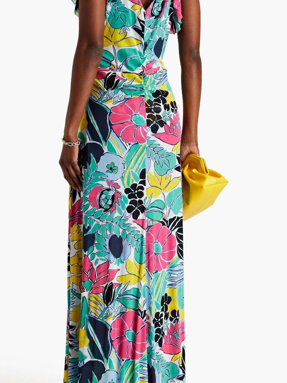sean ruffled floral-print stretch-mesh maxi dress