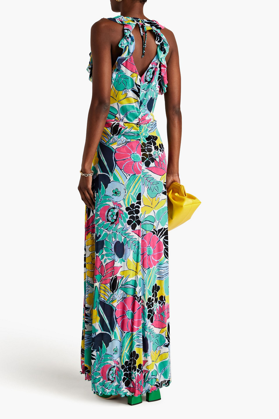 Shop Diane Von Furstenberg Sean Ruffled Floral-print Stretch-mesh Maxi Dress In Turquoise