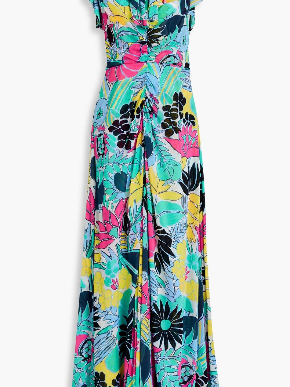 sean ruffled floral-print stretch-mesh maxi dress