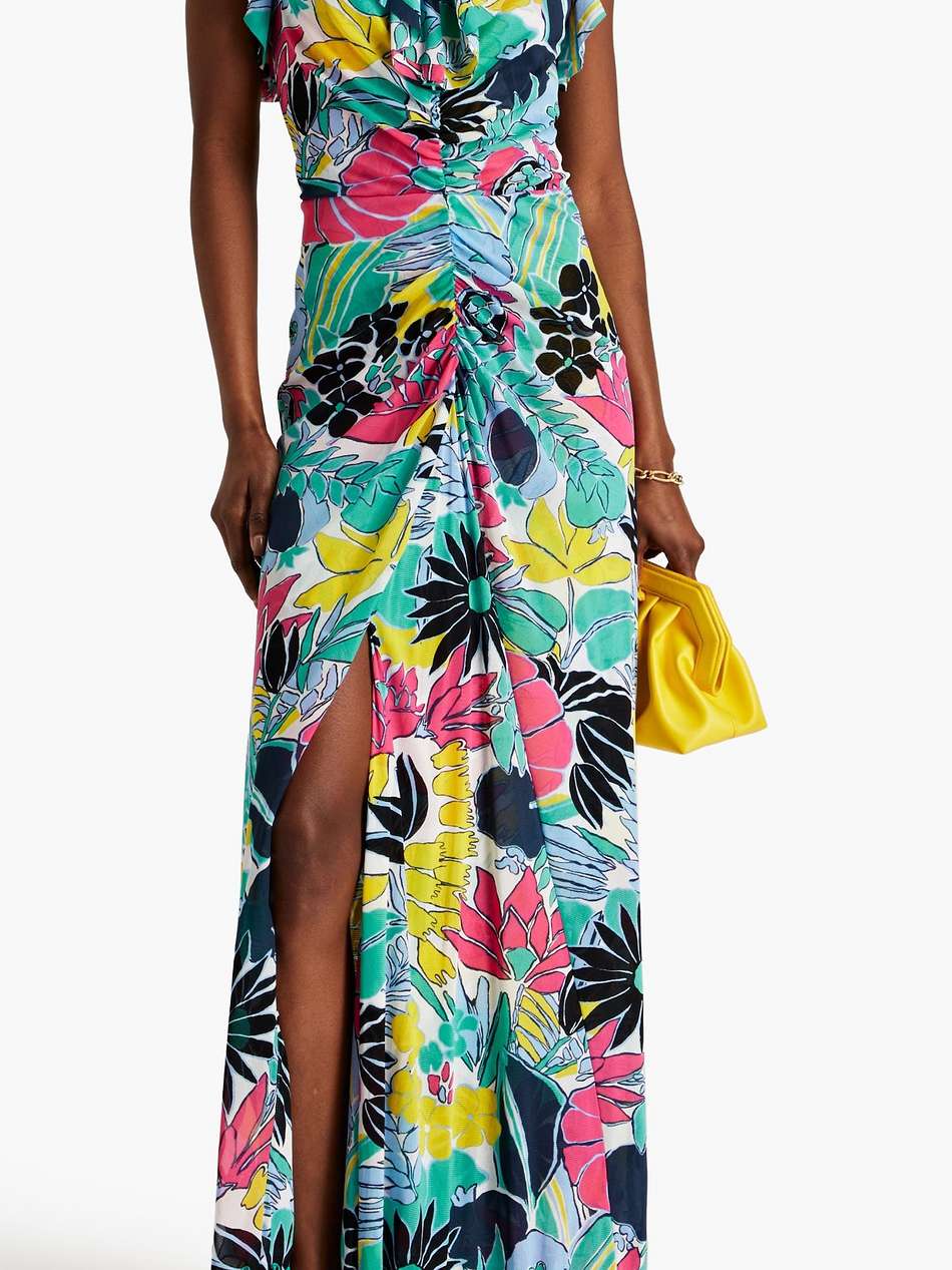 sean ruffled floral-print stretch-mesh maxi dress