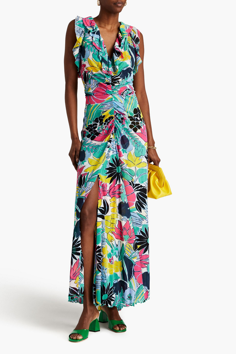 Shop Diane Von Furstenberg Sean Ruffled Floral-print Stretch-mesh Maxi Dress In Turquoise