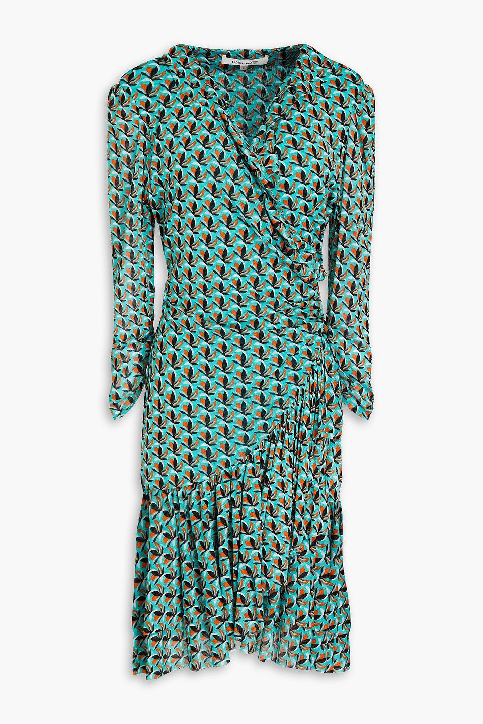 Diane Von Furstenberg Paloma Ruffled Printed Stretch-mesh Mini Wrap Dress In Turquoise