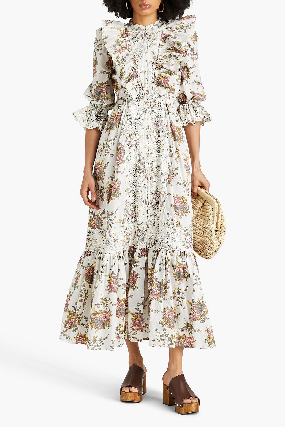 Bytimo Ruffled Floral-print Cotton Maxi Dress In Off-white