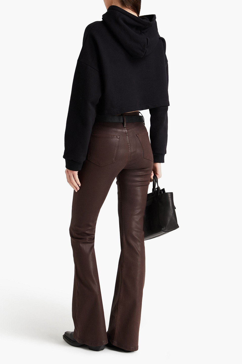 Shop Frame Le High Flare Coated High-rise Flared Jeans In Dark Brown