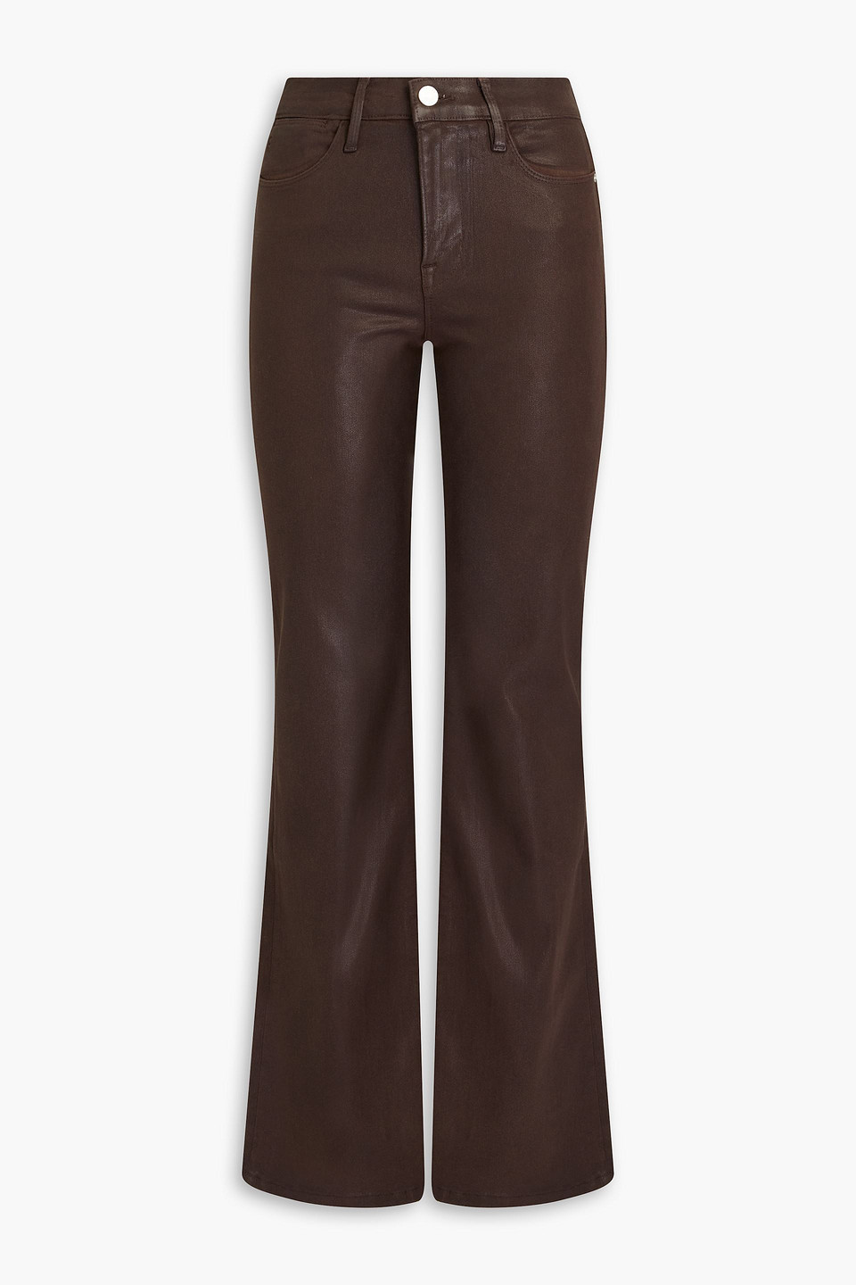Frame Le High Flare Coated High-rise Flared Jeans In Dark Brown