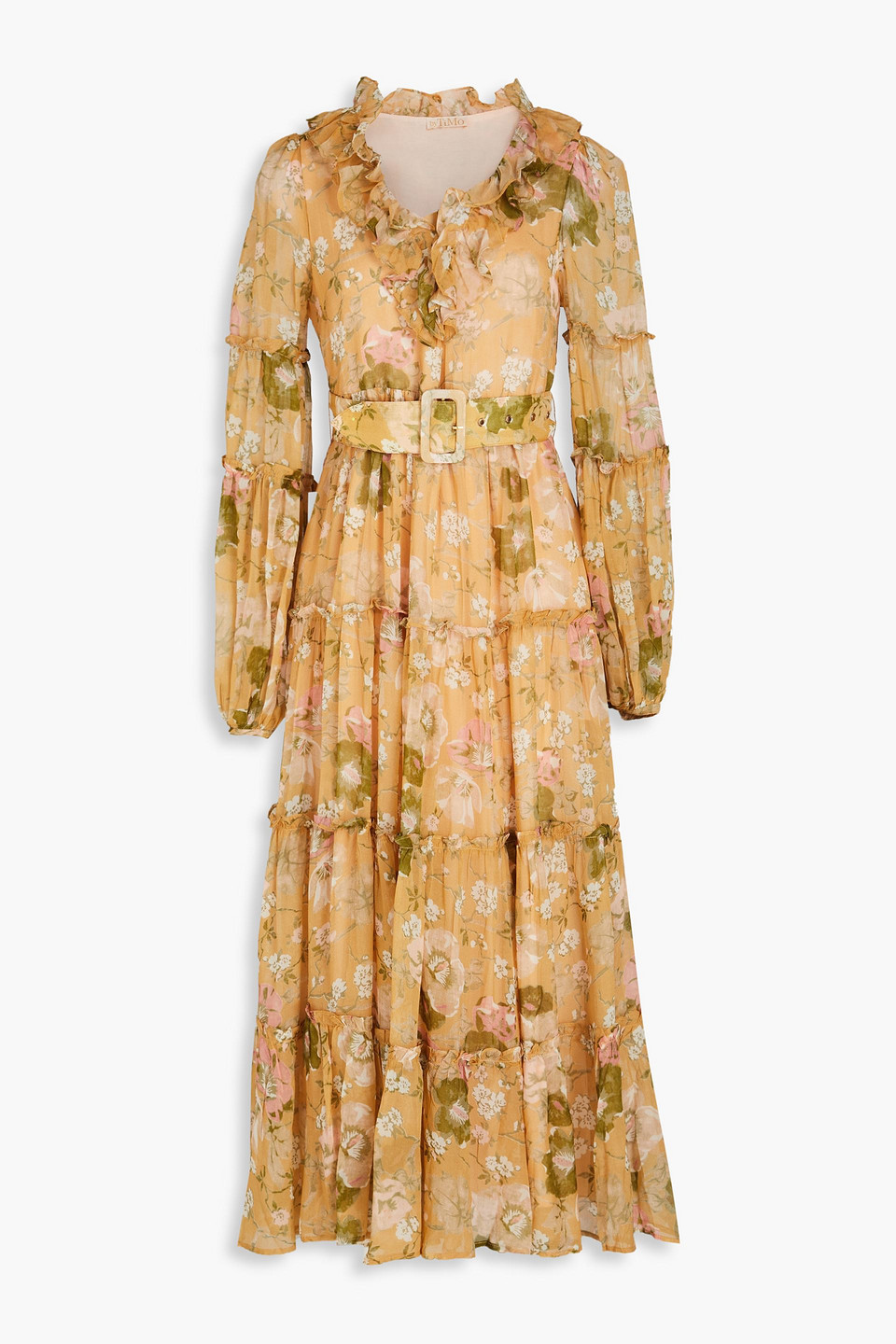 Bytimo Belted Ruffled Floral-print Organza Midi Dress In Sand