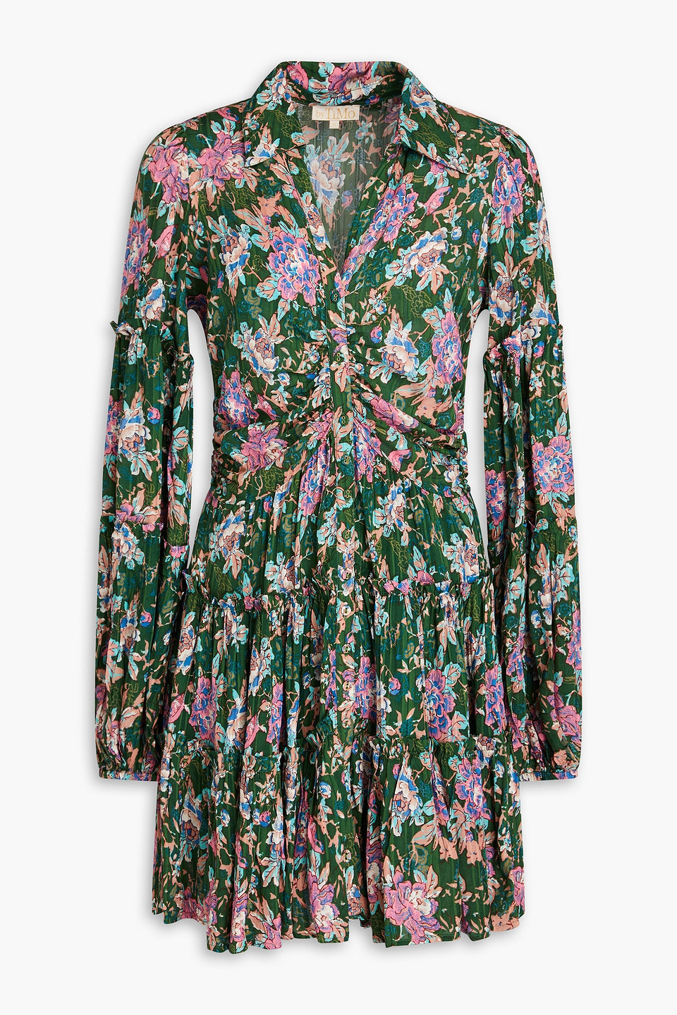 Bytimo Tiered Floral-print Jacquard Mini Dress In Forest Green