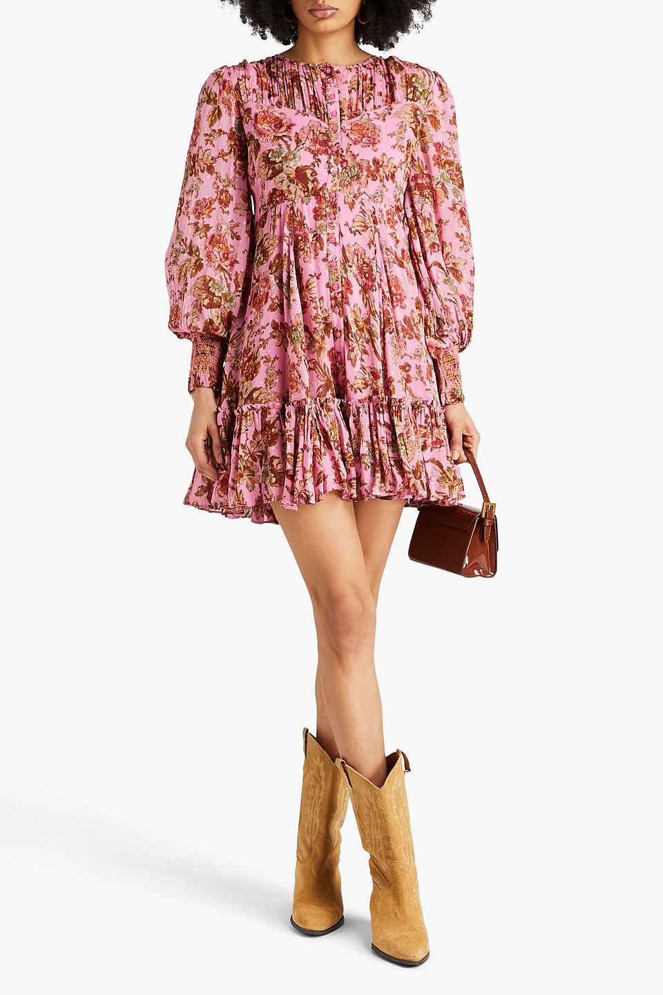 Shop Bytimo Floral-print Metallic Fil Coupé Georgette Mini Dress In Pink