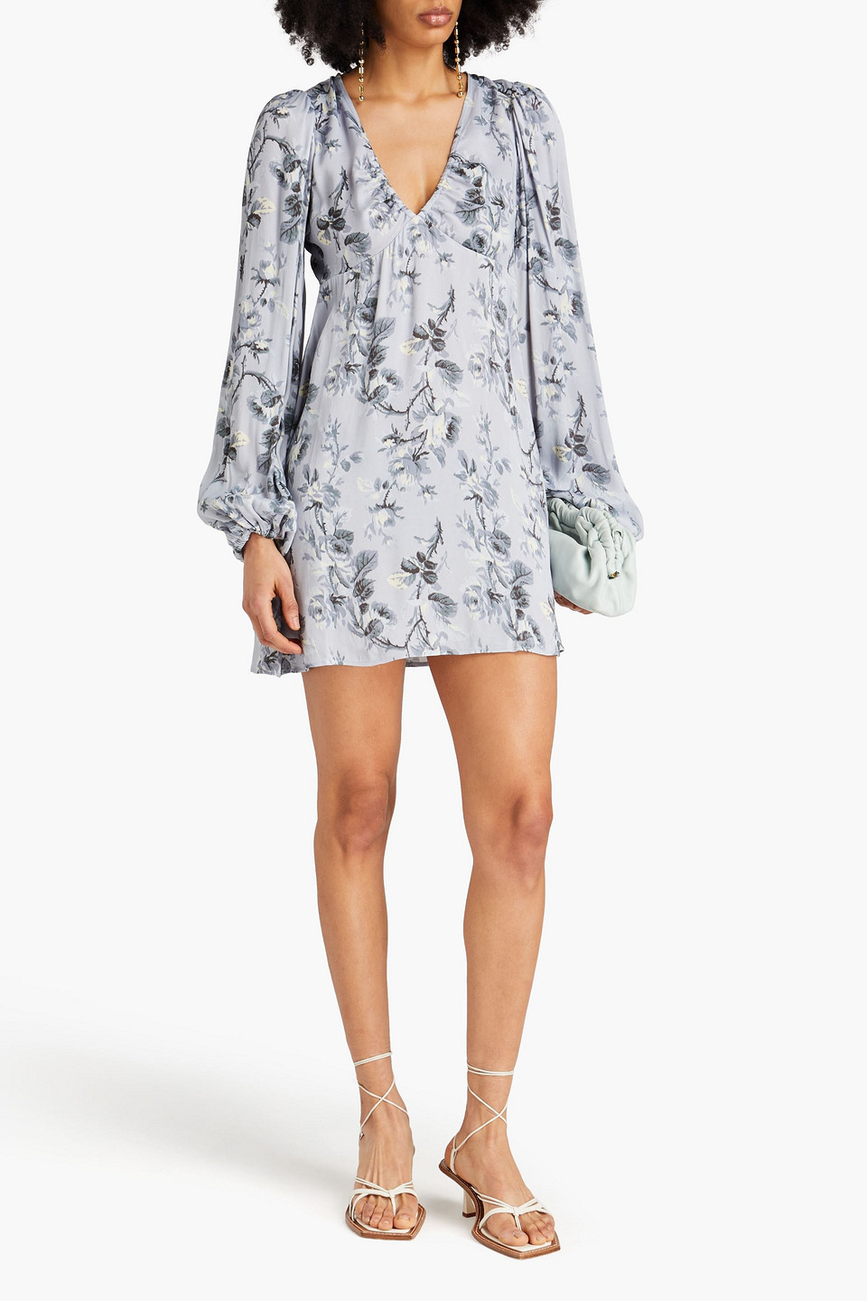 Shop Bytimo Floral-print Satin-crepe Mini Dress In Light Blue