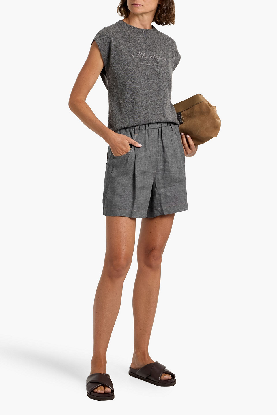 Brunello Cucinelli Pleated Linen Shorts In Gray