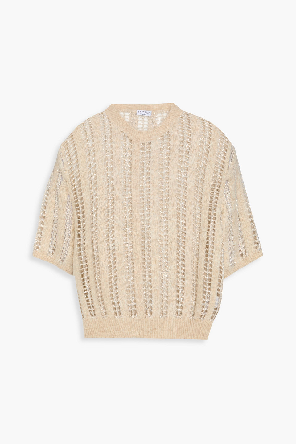 Brunello Cucinelli Sequin-embellished Open-knit Wool And Mohair-blend Sweater In Neutrals