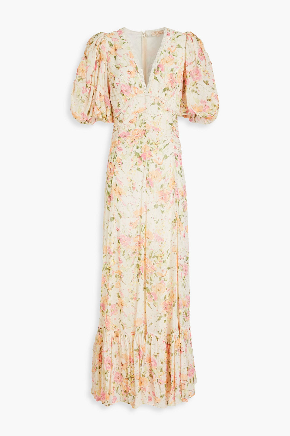 Crochet-trimmed floral-print crepe maxi dress