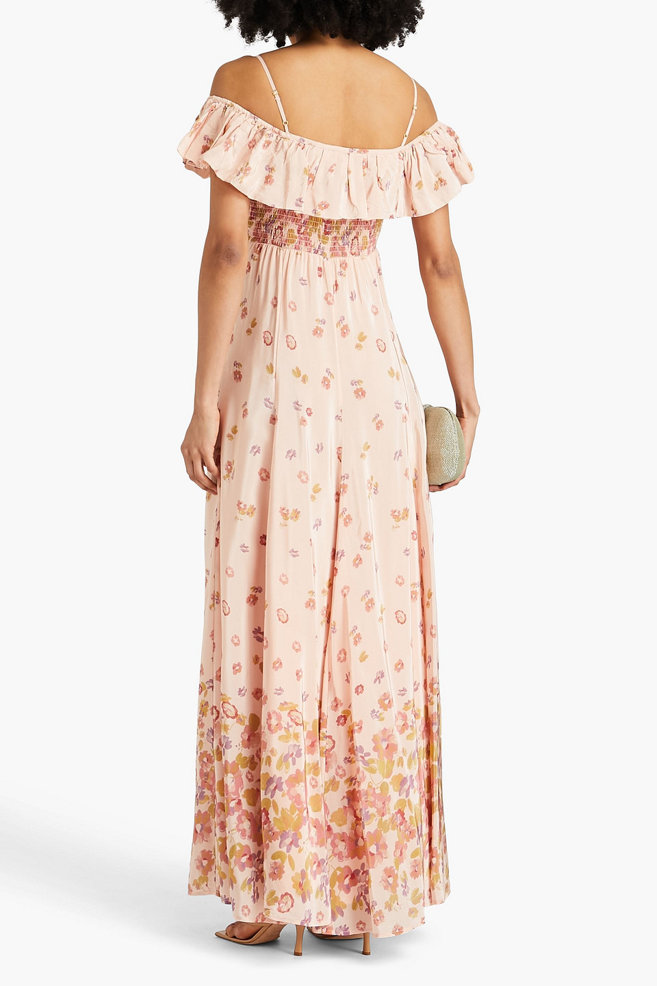 Shop Bytimo Cold-shoulder Floral-print Satin Maxi Dress In Peach