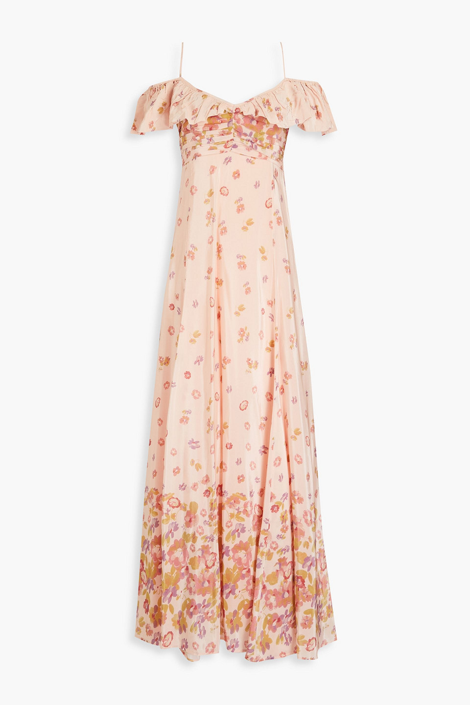 Shop Bytimo Cold-shoulder Floral-print Satin Maxi Dress In Peach