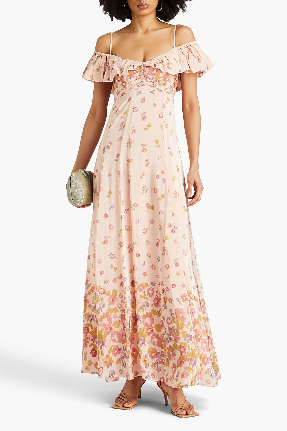 Shop Bytimo Cold-shoulder Floral-print Satin Maxi Dress In Peach