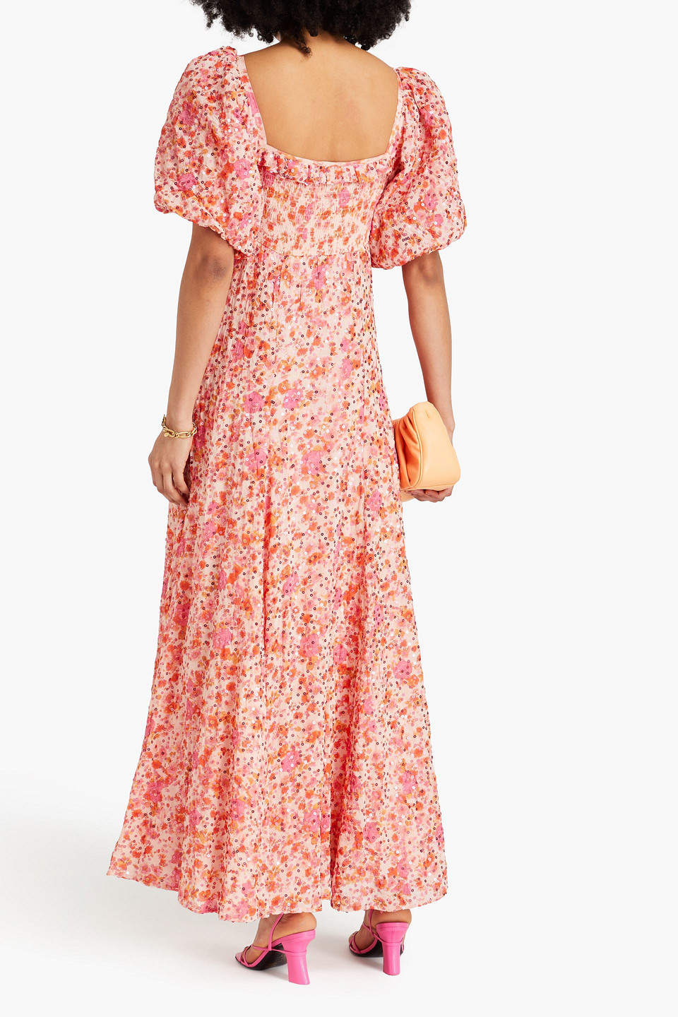 Shop Bytimo Sequin-embellished Floral-print Georgette Maxi Dress In Pink