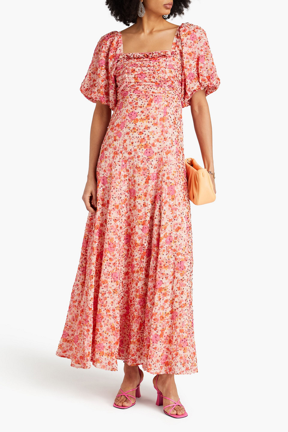 Shop Bytimo Sequin-embellished Floral-print Georgette Maxi Dress In Pink