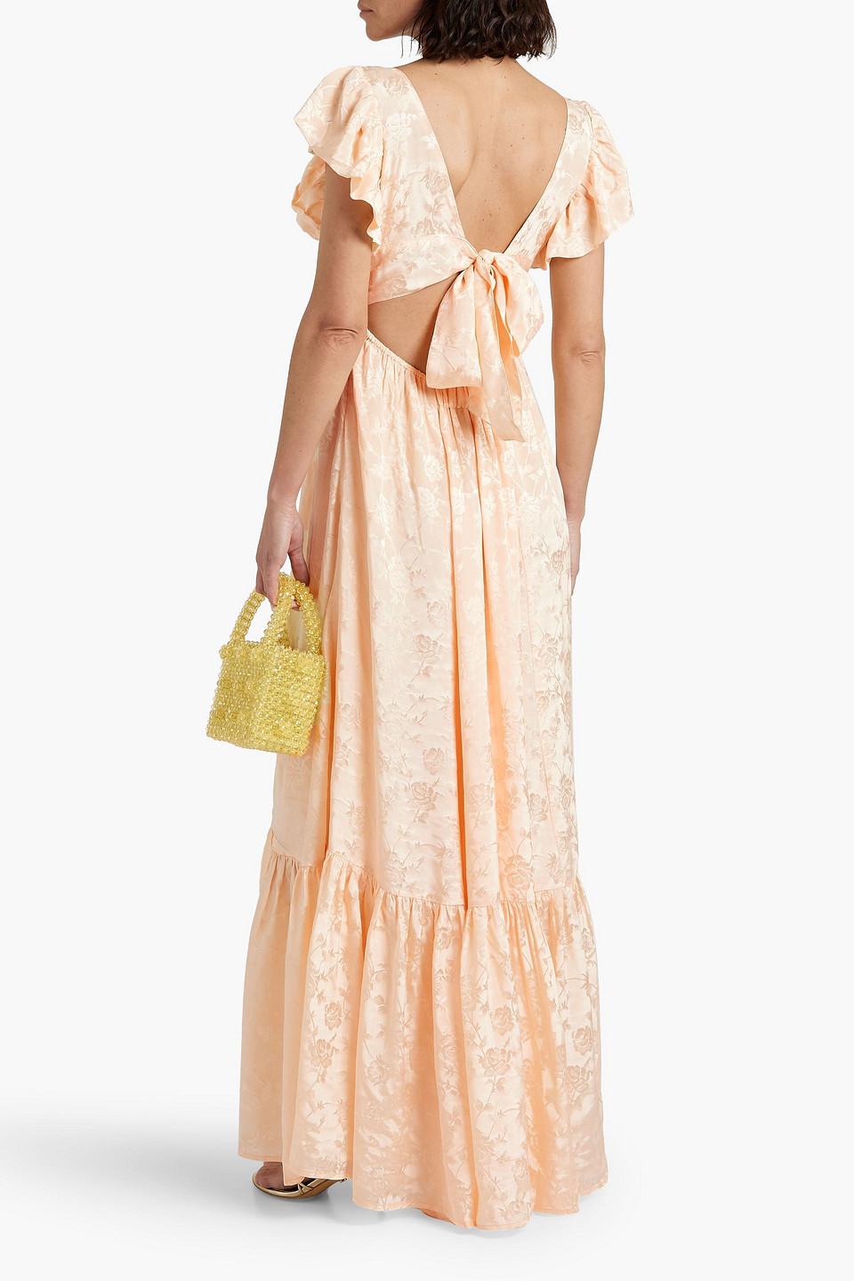 Shop Bytimo Cutout Ruffled Satin-jacquard Maxi Dress In Pastellorange