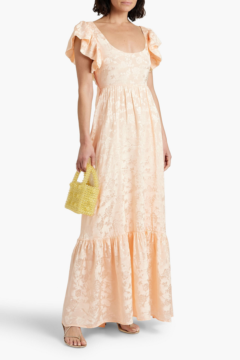 Shop Bytimo Cutout Ruffled Satin-jacquard Maxi Dress In Pastellorange