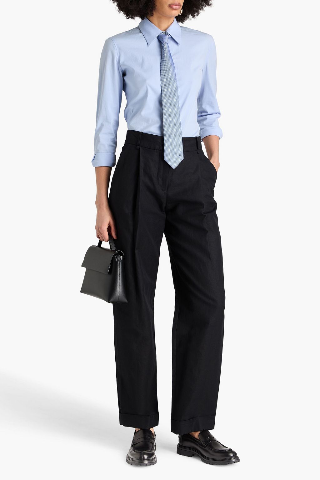 EMPORIO ARMANI Pleated cotton and linen-blend twill wide-leg pants