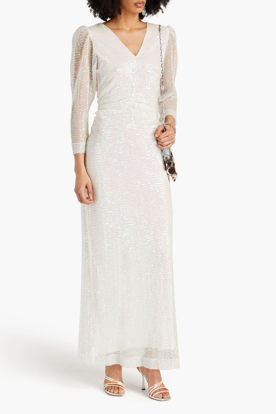 Shop Bytimo Ruched Sequined Tulle Maxi Dress In Off-white