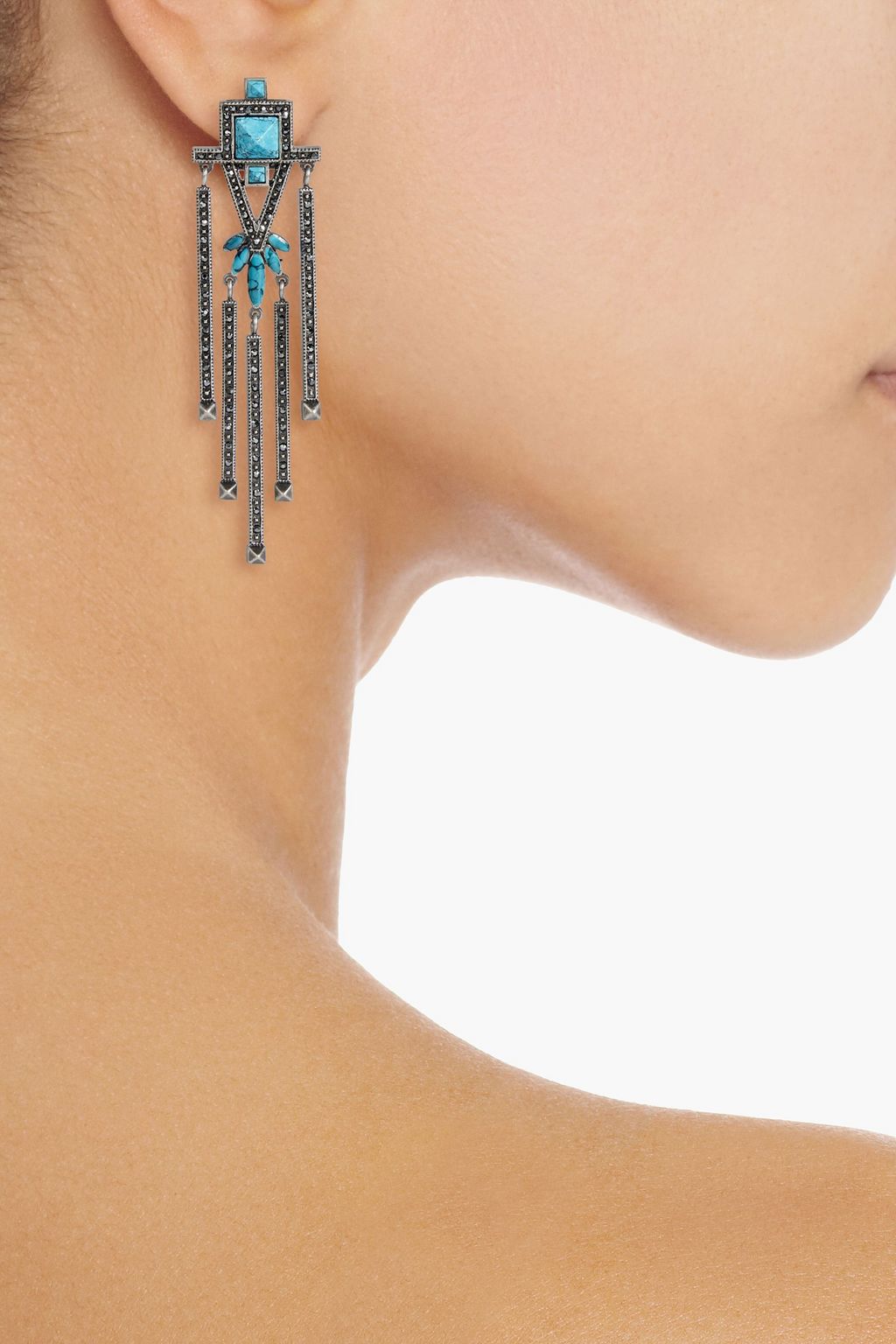 VALENTINO GARAVANI Burnished silver-tone, crystal and turquoise clip earrings