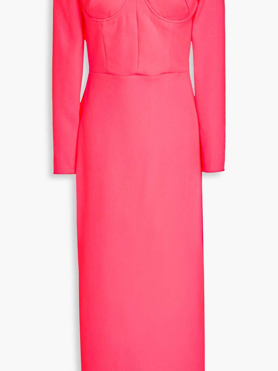 off-the-shoulder neon crepe midi dress
