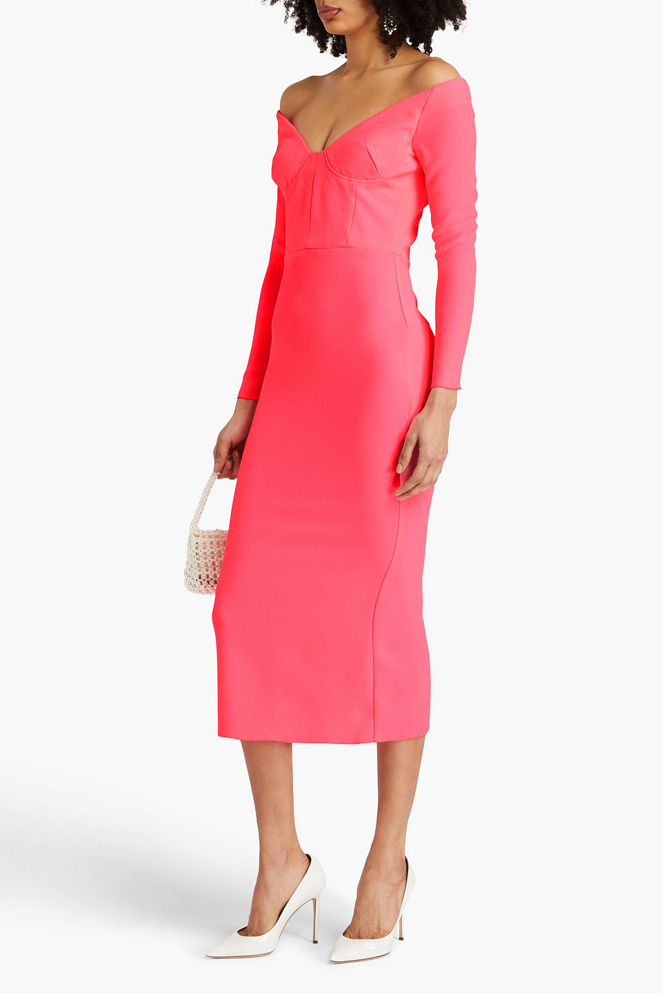 Shop Alex Perry Off-the-shoulder Neon Crepe Midi Dress In Bubblegum