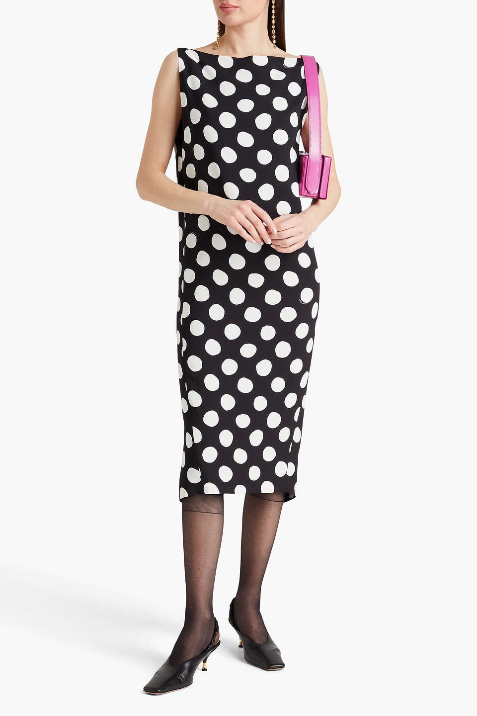 Shop Marni Polka-dot Crepe Midi Dress In Black