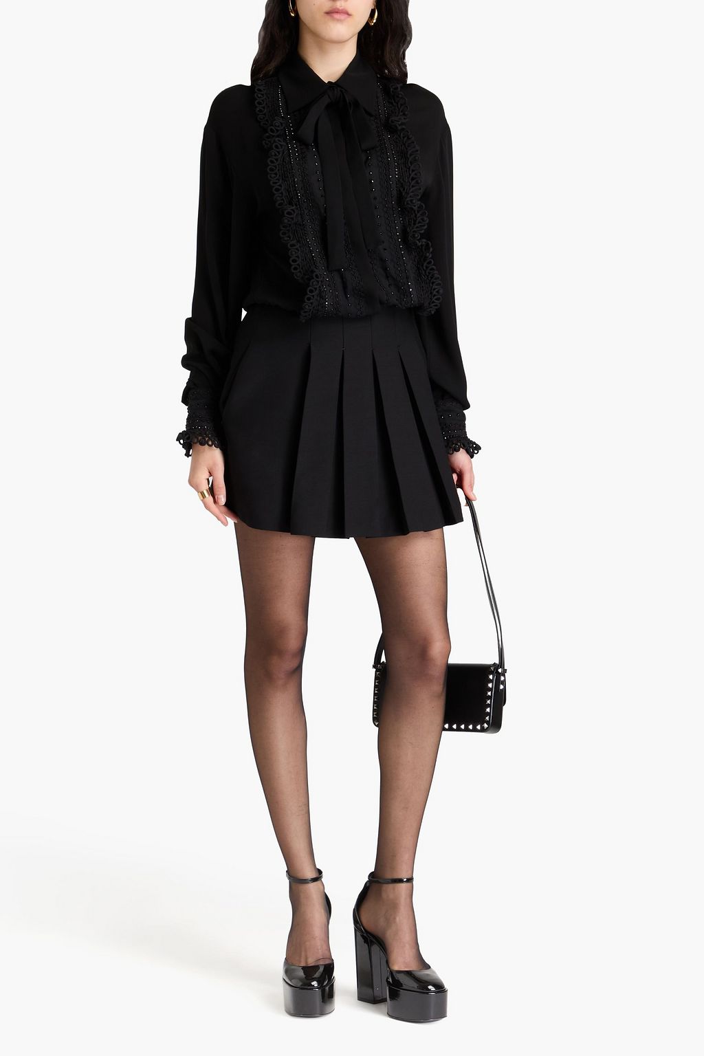 VALENTINO GARAVANI Pleated embellished silk crepe de chine mini dress