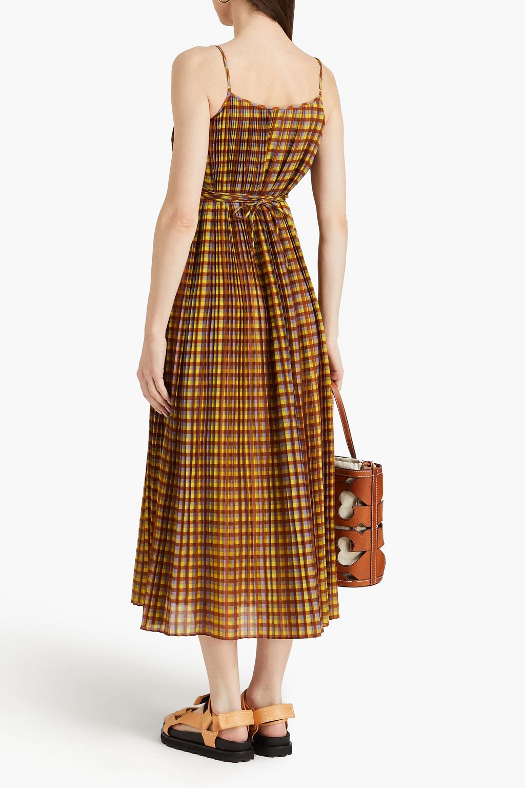 TORY BURCH 깅엄 코튼 실크 혼방 미디 슬립 드레스