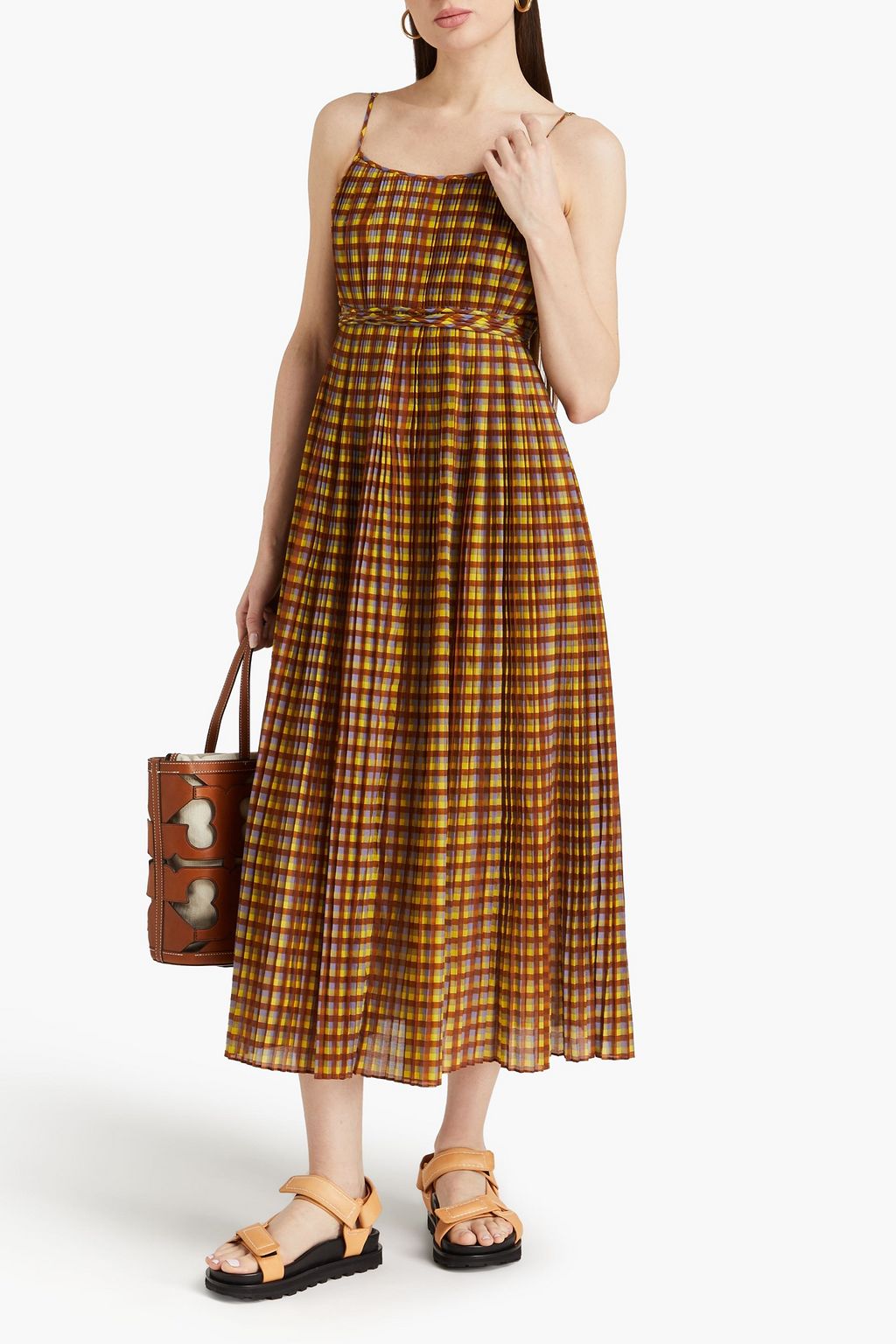 TORY BURCH 깅엄 코튼 실크 혼방 미디 슬립 드레스