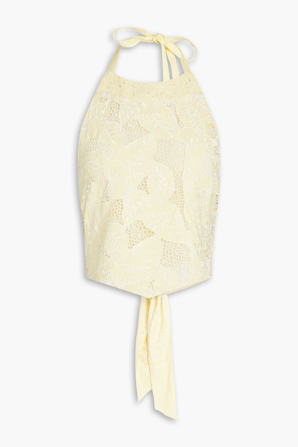 Loveshackfancy Omi Cropped Broderie Anglaise-paneled Macramé Lace Halterneck Top In Pastellgelb