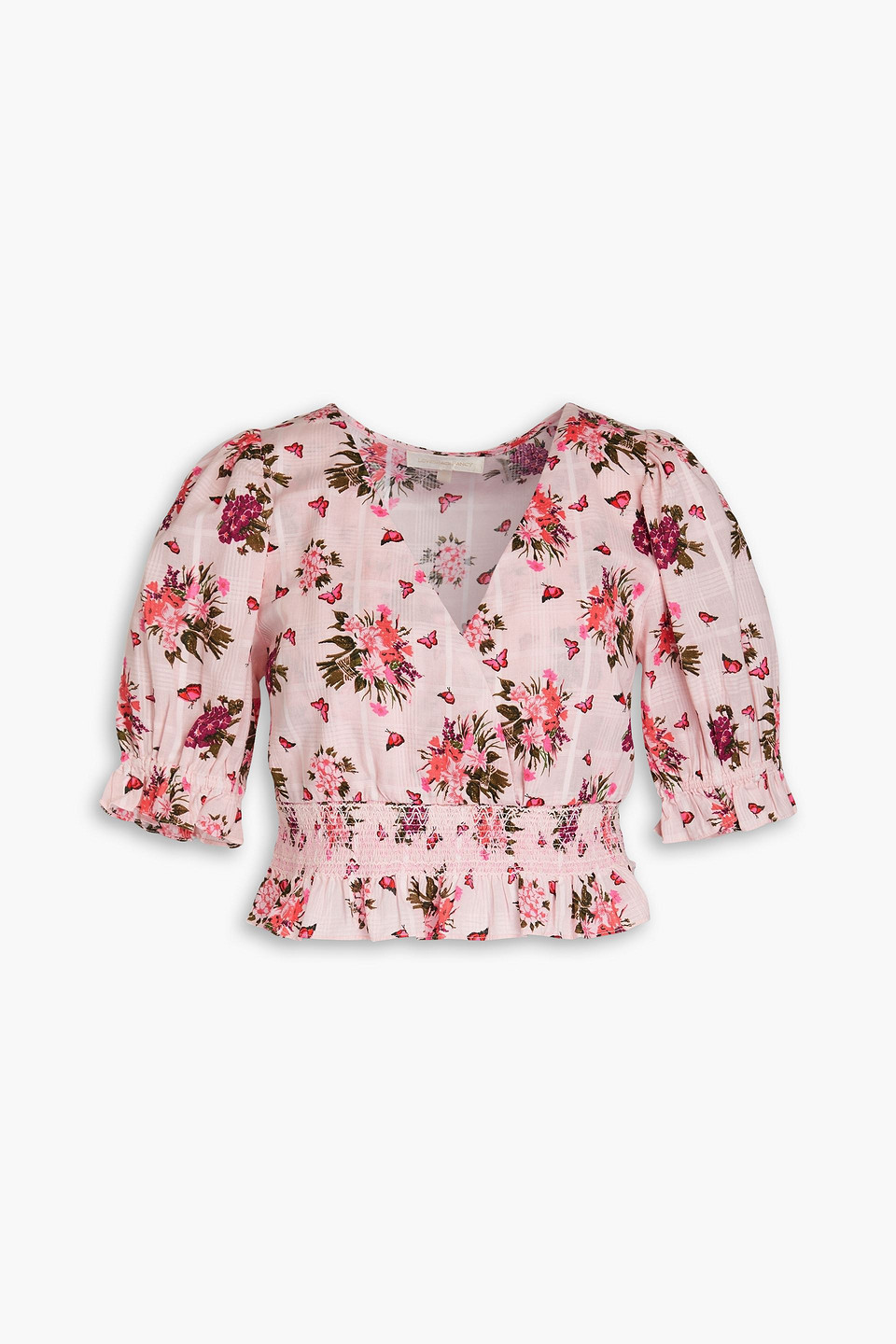 Shop Loveshackfancy Ophira Cropped Floral-print Cotton Top In Pastel Pink