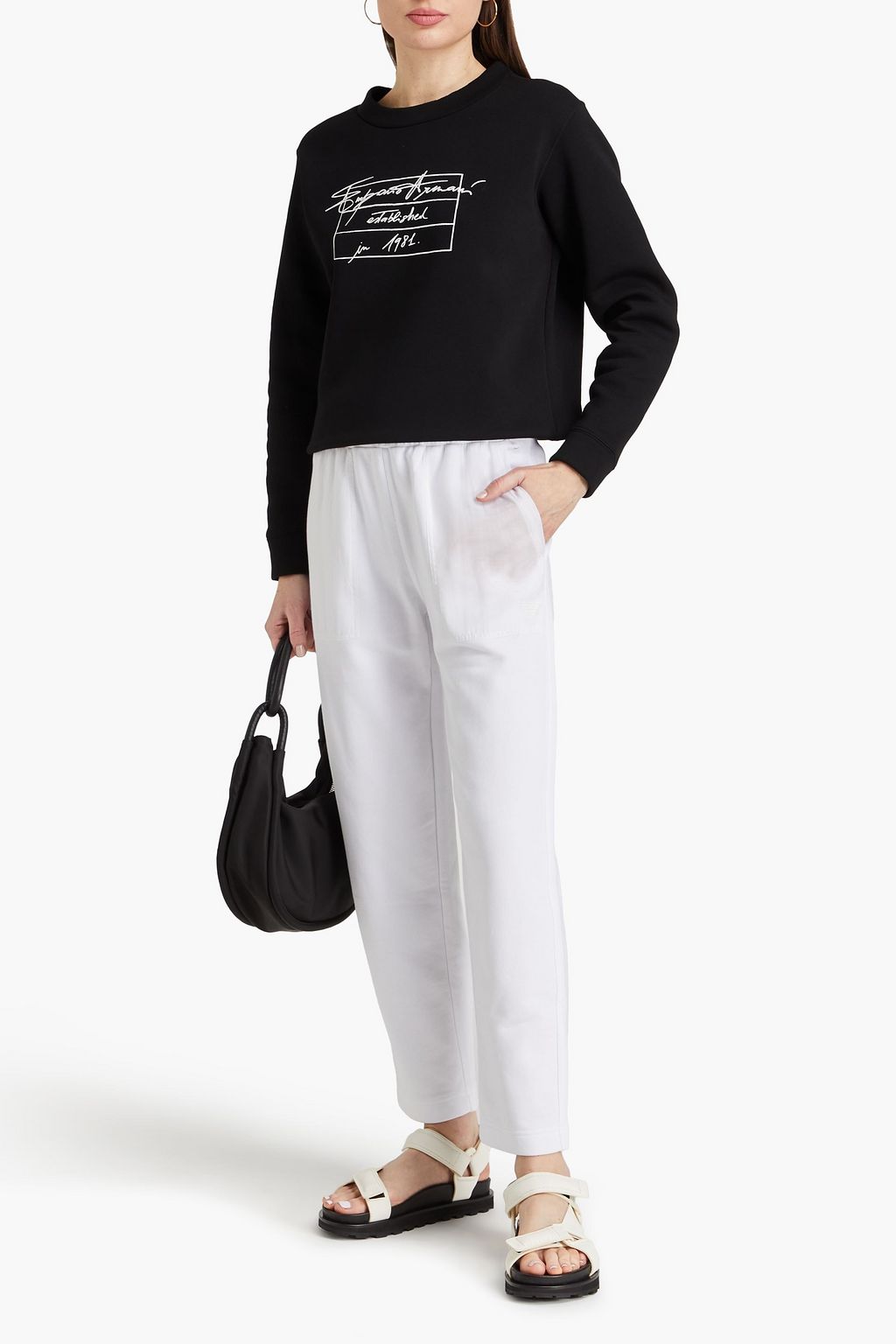 EMPORIO ARMANI 아플리케 디테일 프렌치 코튼 혼방 테리 트랙 팬츠
