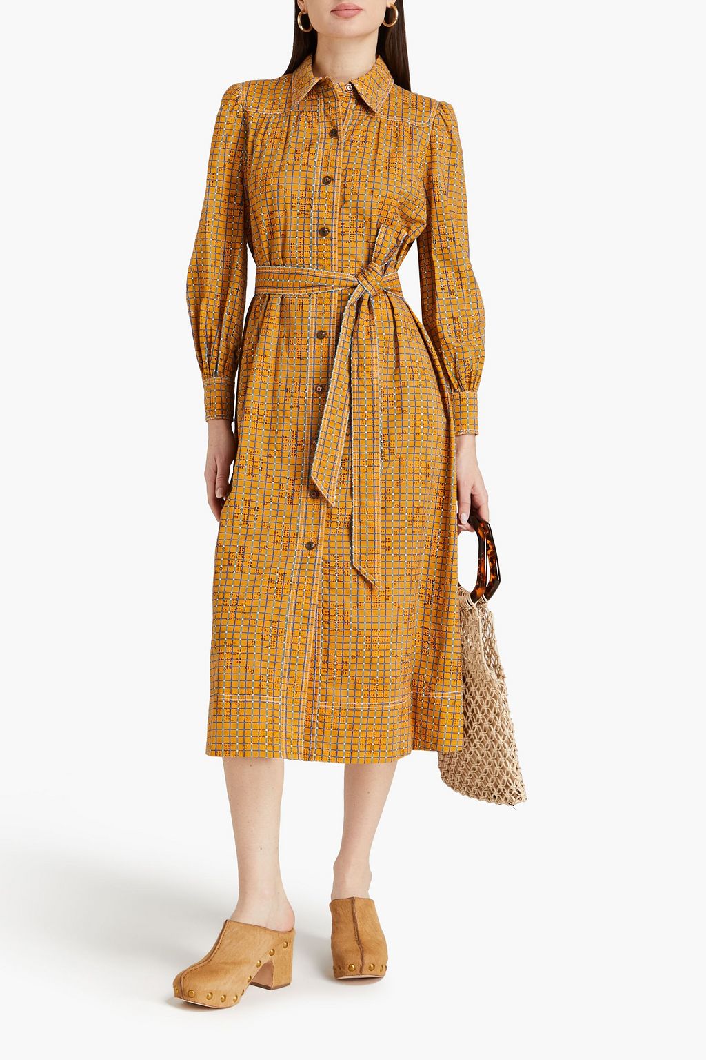 TORY BURCH Checked broderie anglaise cotton midi shirt dress