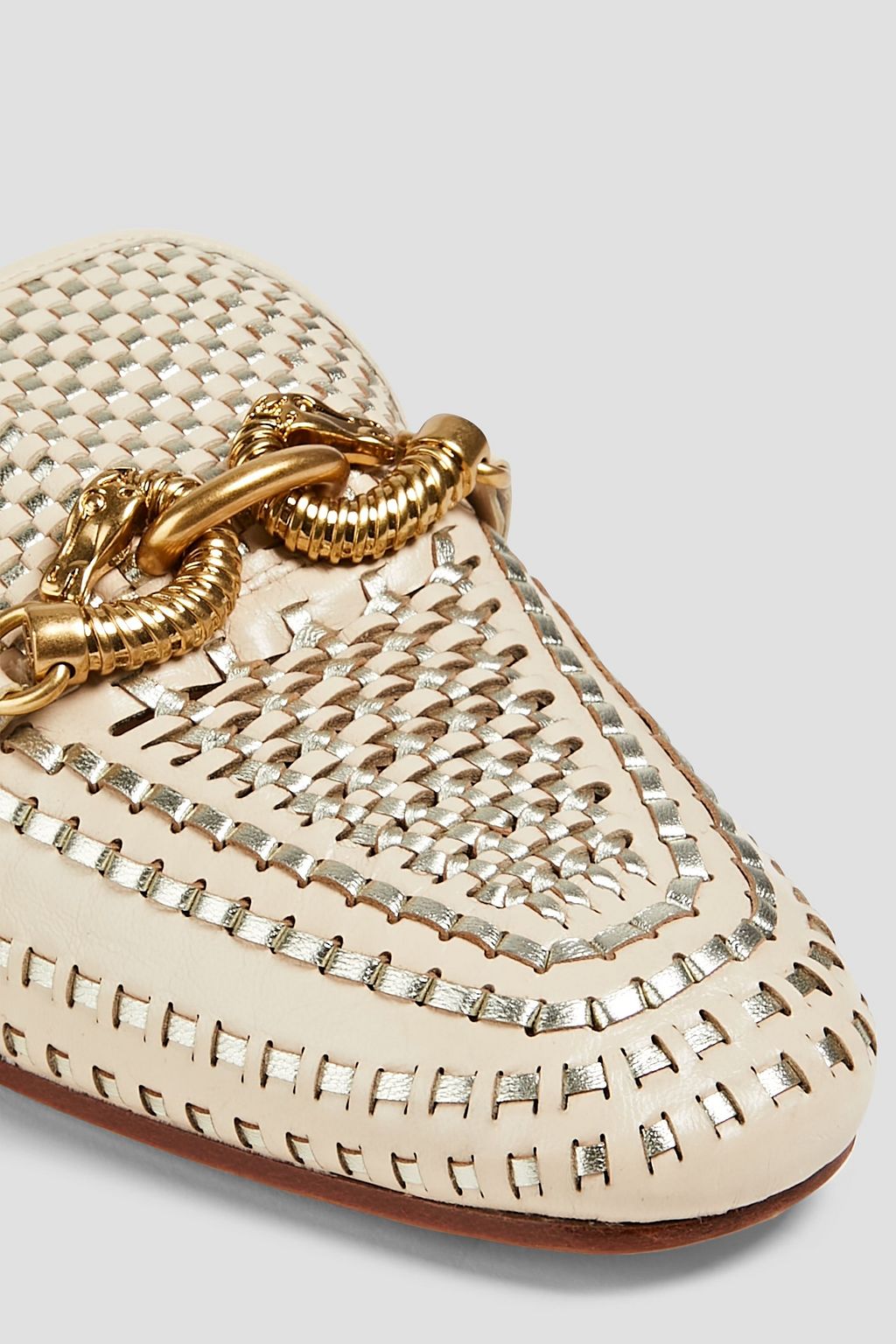 TORY BURCH 제사 체인 장식 우븐 메탈릭 가죽 슬리퍼