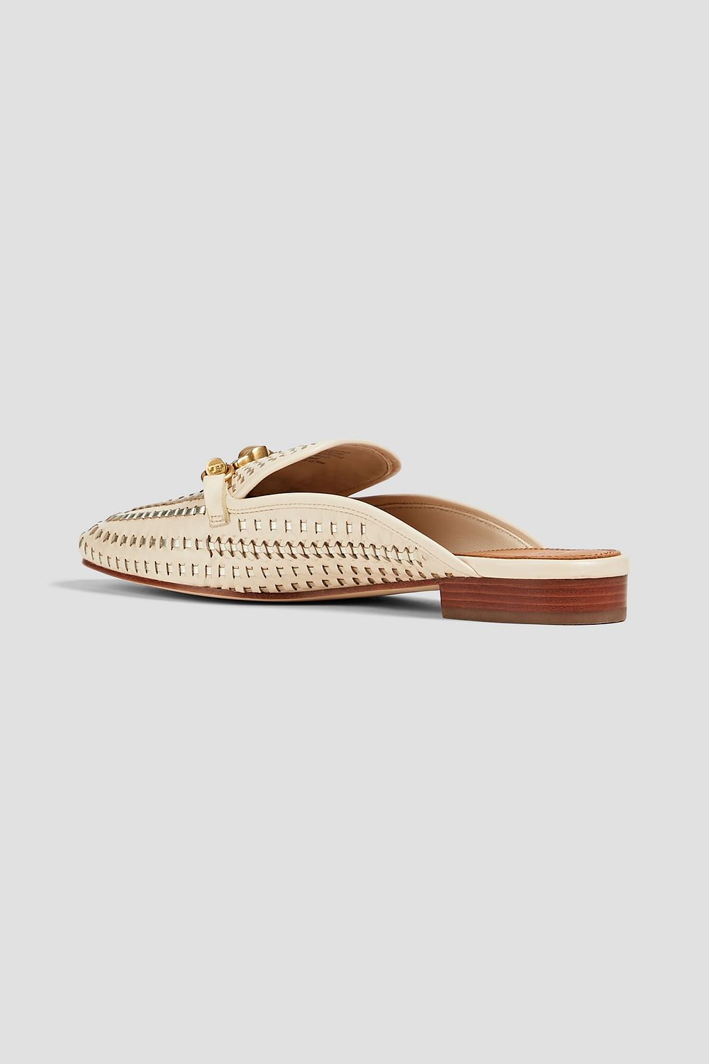TORY BURCH 제사 체인 장식 우븐 메탈릭 가죽 슬리퍼