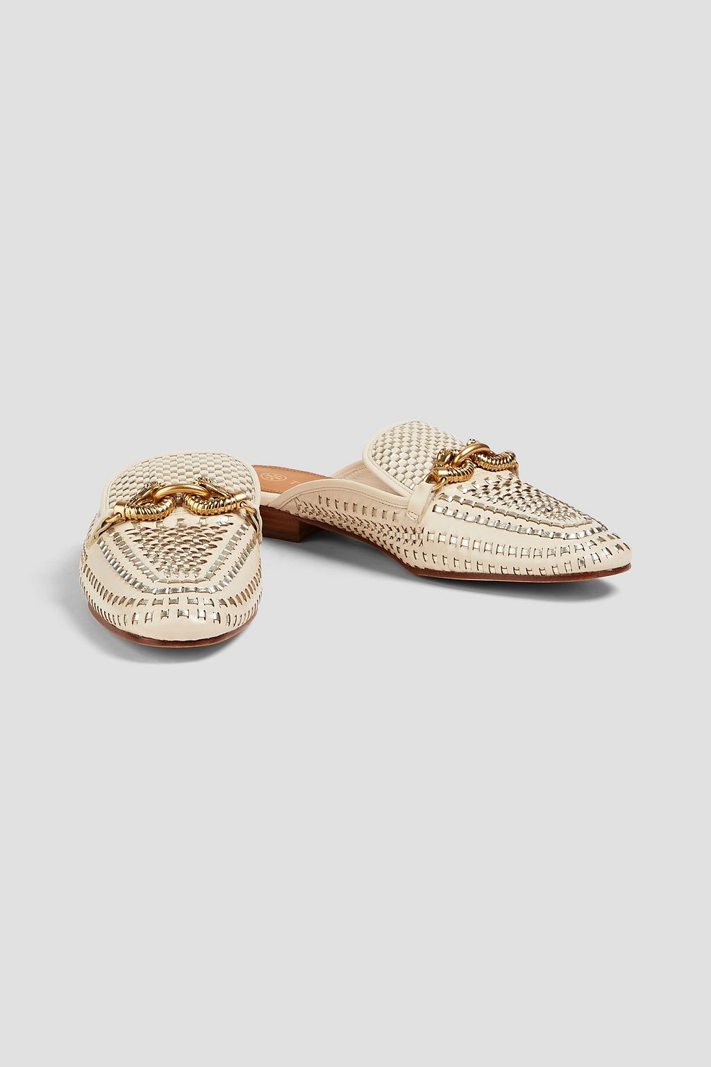 TORY BURCH 제사 체인 장식 우븐 메탈릭 가죽 슬리퍼