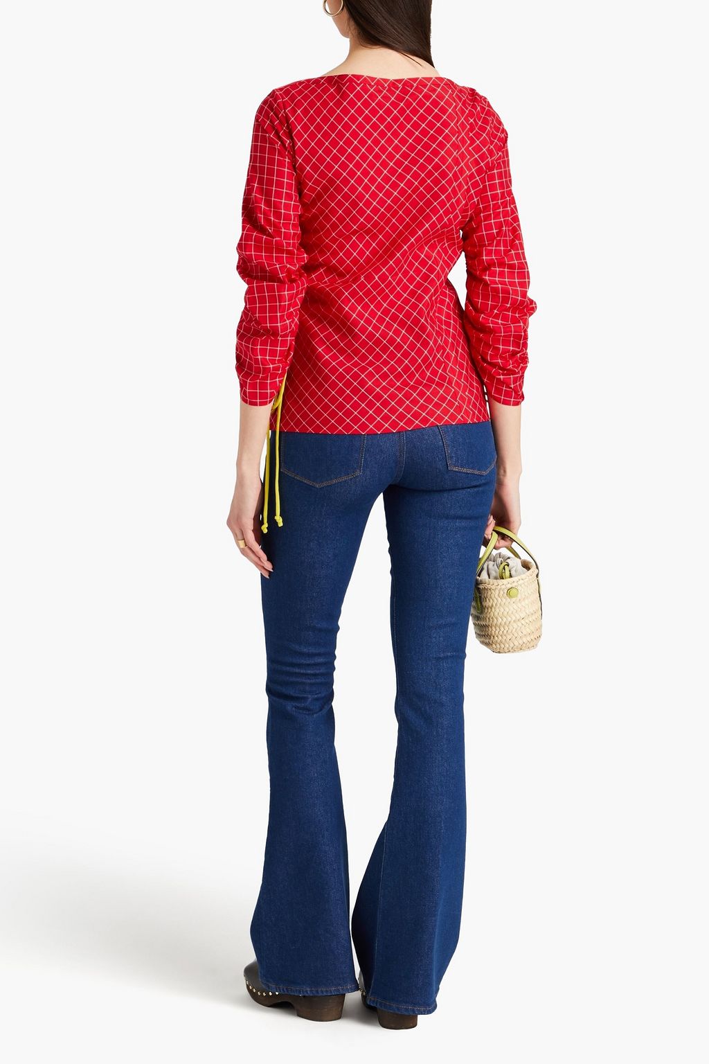 TORY BURCH 루쉬 장식 체크 두피오니 블라우스