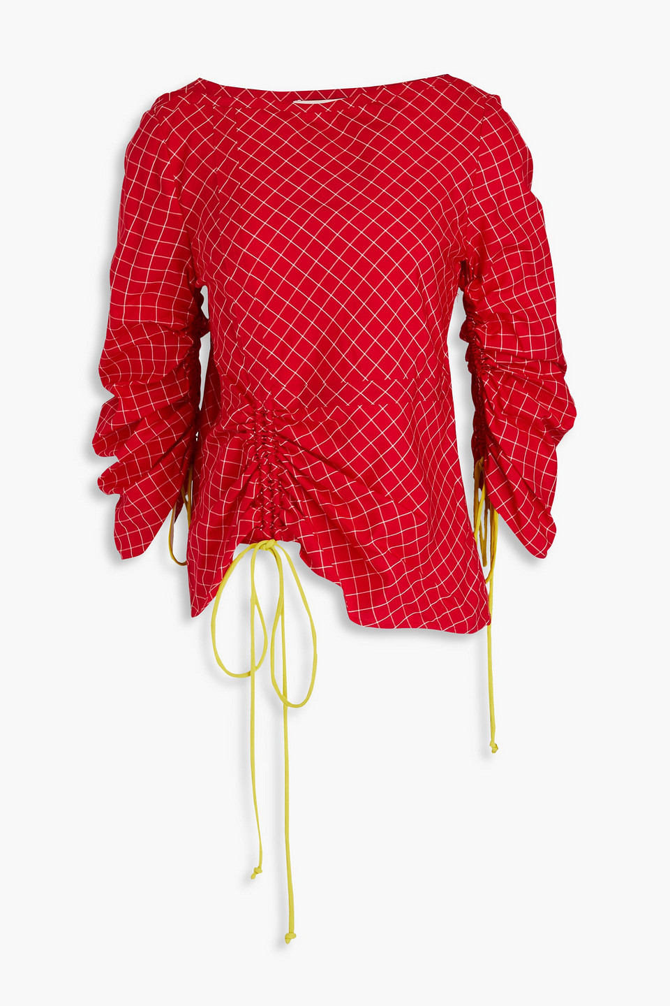 TORY BURCH RUCHED CHECKED DUPIONI BLOUSE