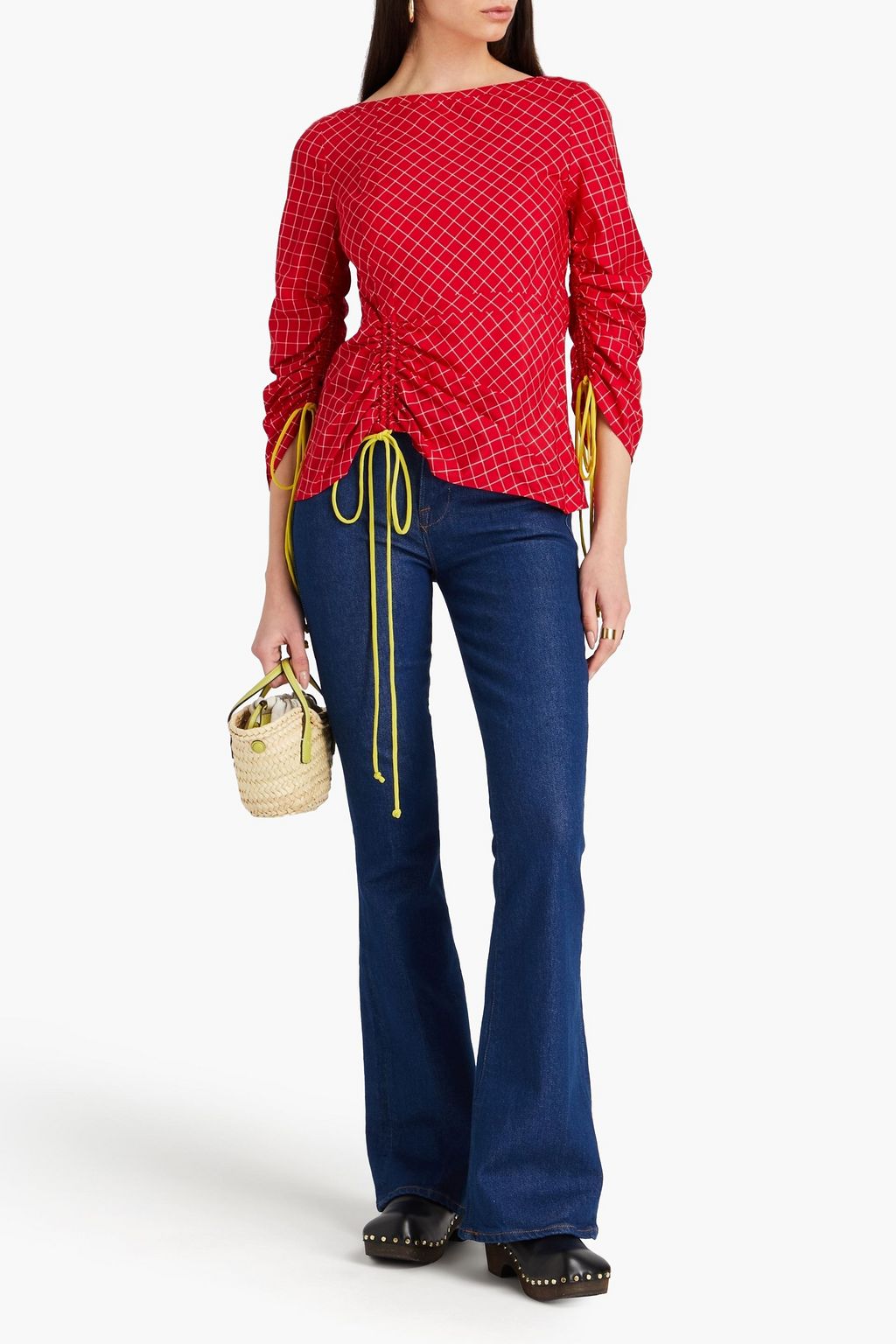 TORY BURCH 루쉬 장식 체크 두피오니 블라우스