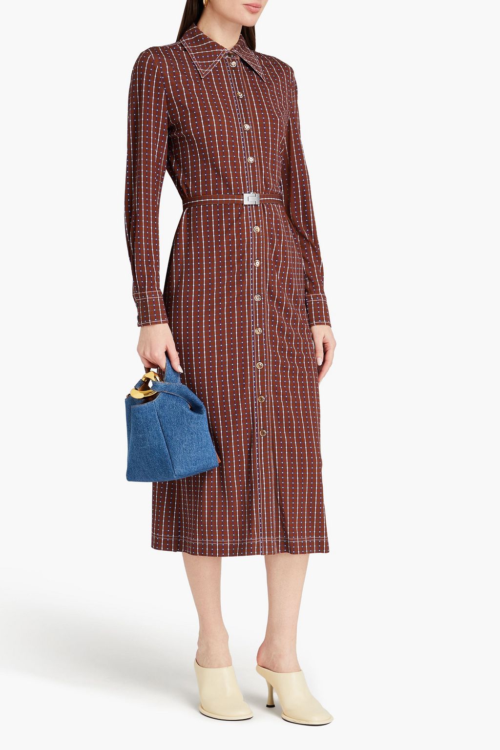 TORY BURCH 체크 저지 미디 셔츠 드레스