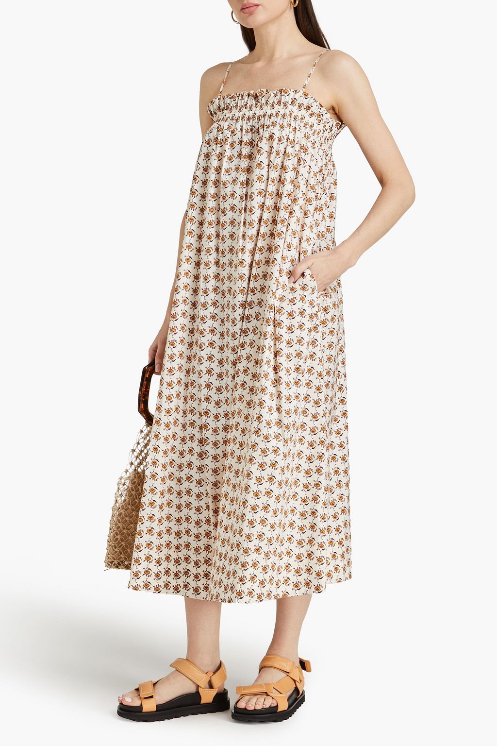 Floral print cotton blend poplin midi dress saffron US 00