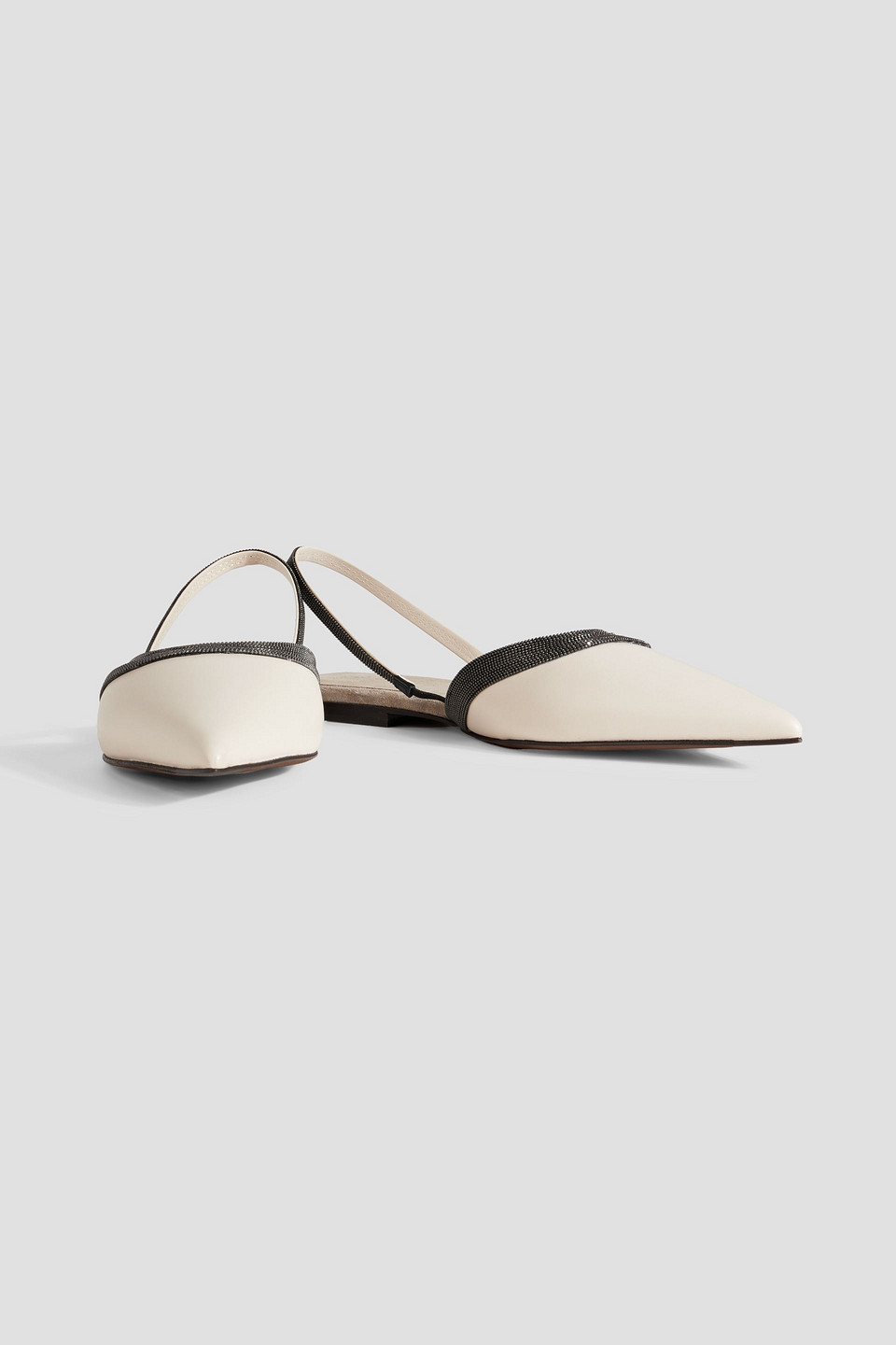 Shop Brunello Cucinelli Bead-embellished Leather Slingback Point-toe Flats In Ivory