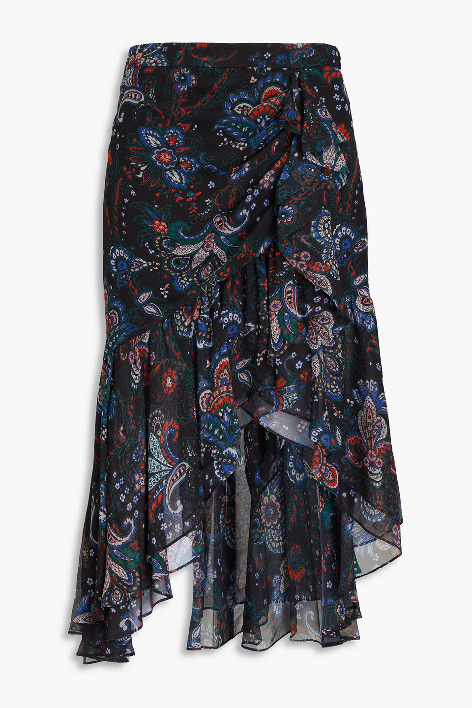 Veronica Beard Asymmetric Paisley-print Silk-georgette Midi Skirt In Black