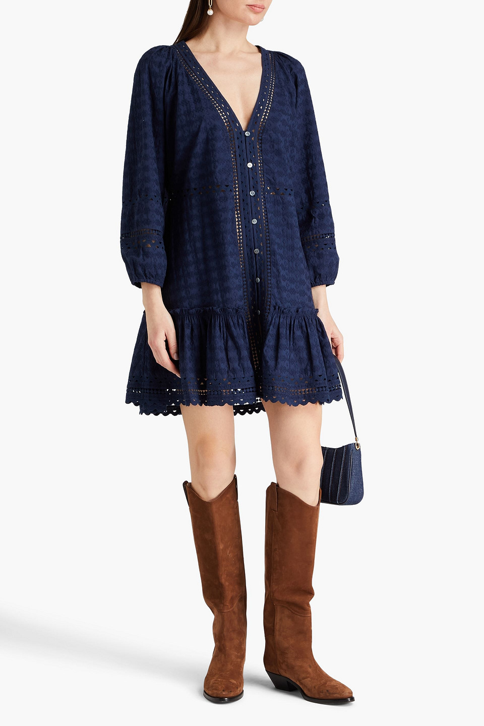 Shop Veronica Beard Daeja Embroidered Cotton Mini Dress In Navy