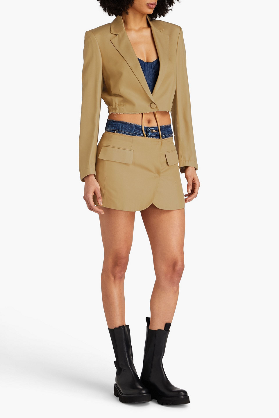 Shop E.l.v. Denim X The Outnet The Skirt Suit Twill Blazer And Skirt-effect Shorts Set In Mustard