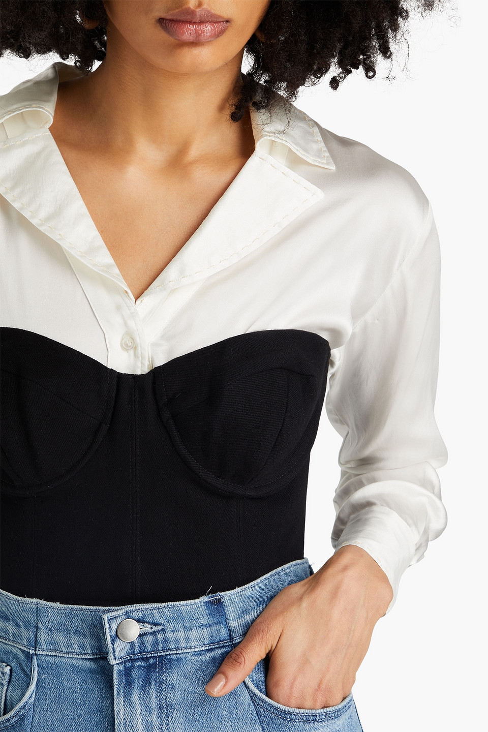 Shop E.l.v. Denim X The Outnet The Corset Cropped Denim Bustier Top In Black