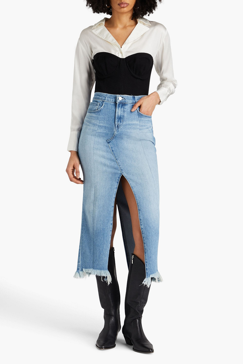 Shop E.l.v. Denim X The Outnet The Corset Cropped Denim Bustier Top In Black